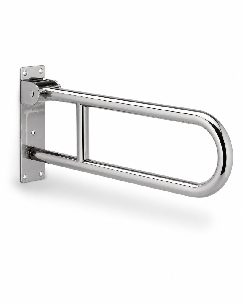Buzurgh.com Foldable Grab Bar — polished chrome swing-up rail on white, wall plate and hinge